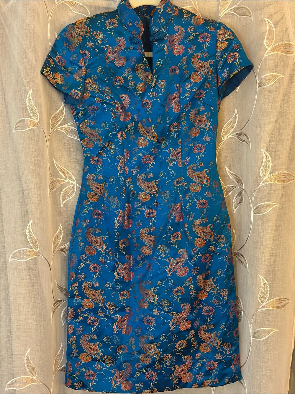 Vintage David Warren Teal Brocade Qipao Cheongsam Dress US 2